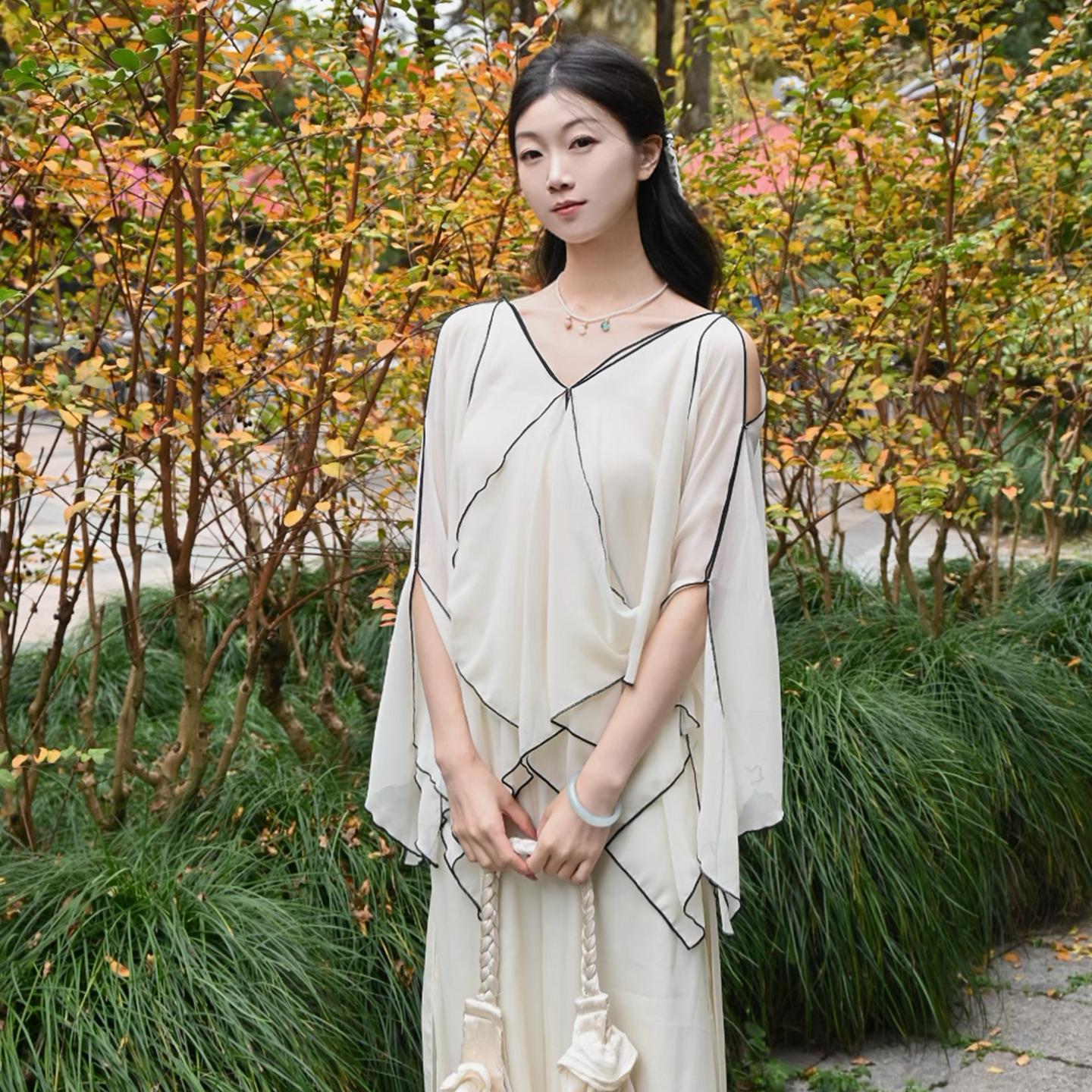 现代舞服装女网纱拼接上衣