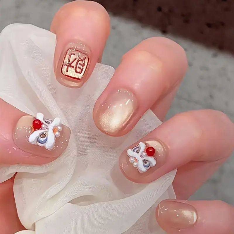 手工儿童美甲穿戴甲感短款粉发财浮雕醒狮猫眼假指甲2026年款,彩妆/香水/美妆工具,美甲工具,淘宝优惠券,粉丝福利购,淘宝优惠卷