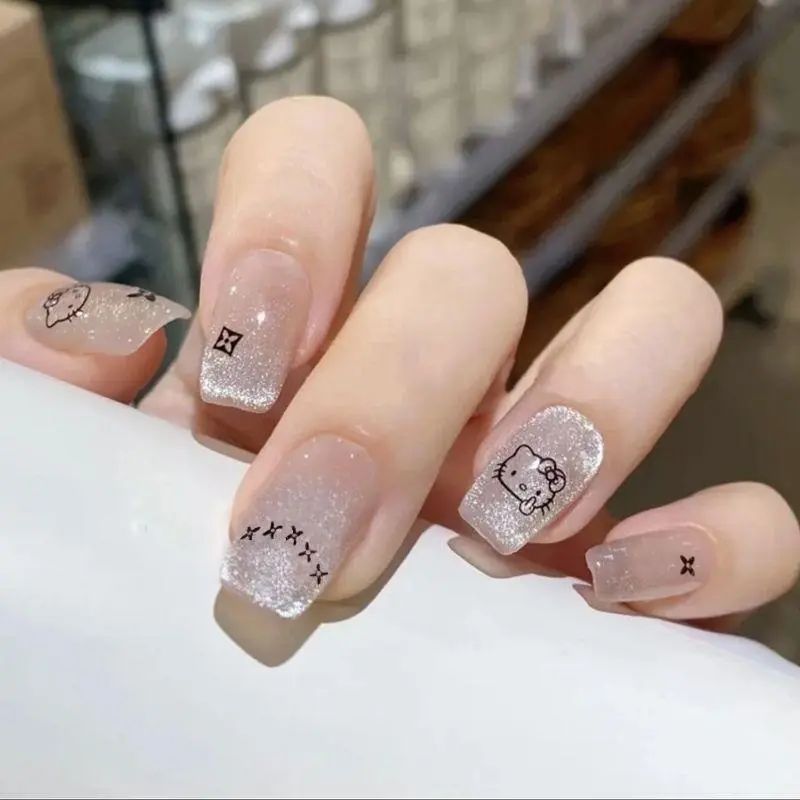 手工儿童美甲穿戴甲高级感短款kitty猫眼碎钻假指甲贴2025年新款