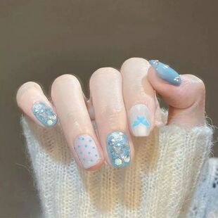 手工儿童美甲穿戴甲高级感短款海洋蝴蝶堆钻假指甲贴片2025年新款