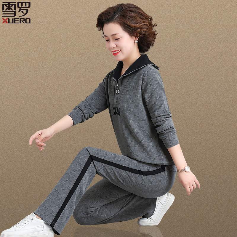 中年妈妈卫衣春秋款洋气中老年休闲运动套装女秋装阔太太长袖上衣