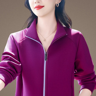 时尚开衫外套女秋季宽松大码妈妈装纯色休闲上衣中年妇女立领卫衣