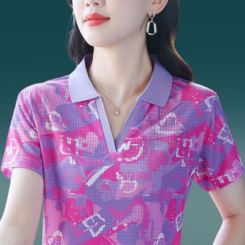 女士冰丝短袖t恤2025新款印花中年妈妈凉感速干带领半袖体恤上衣