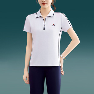 冰丝休闲运动套装女夏季薄款2025新款中年妈妈翻领女士短袖运动服