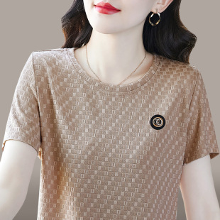 洋气短袖t恤女夏季气质减龄妈妈圆领体恤衫中年女士简约大码上衣T