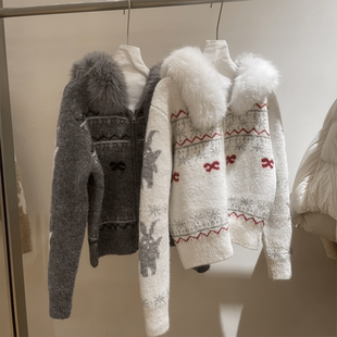 韩国圣诞节大毛领连帽加厚针织毛衣开衫外套女冬韩系时髦宽松上衣