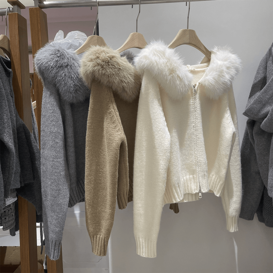 拉链开衫毛衣连帽大毛领针织衫潮