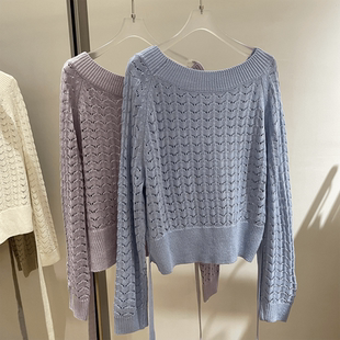 韩系2026一字肩针织衫女春季设计感长袖薄毛衣洞洞气质上衣系腰带