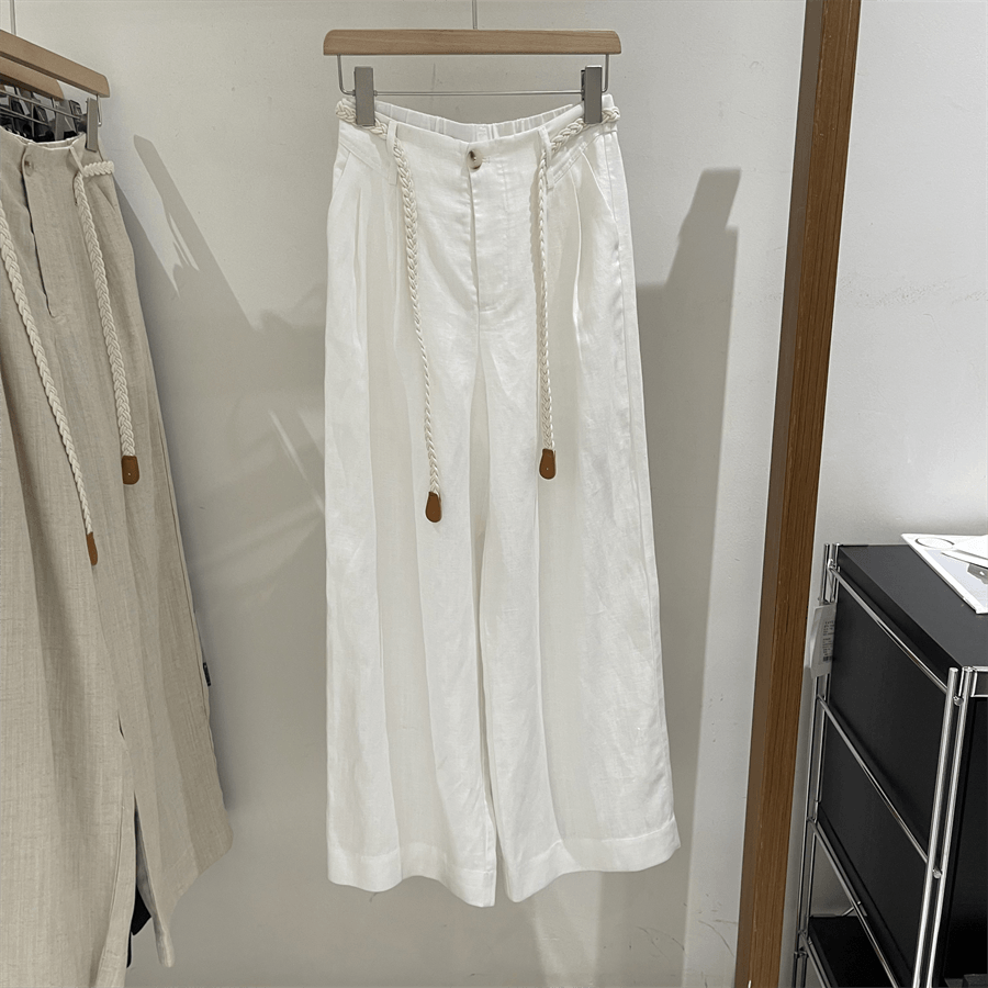 韩国亚麻天丝阔腿裤女夏薄棉麻配腰带高腰休闲老钱风垂感直筒裤潮