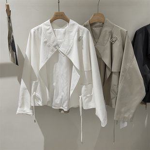 韩国春装2026短款风衣外套女高密斜纹立领下摆抽绳宽松上衣新款潮