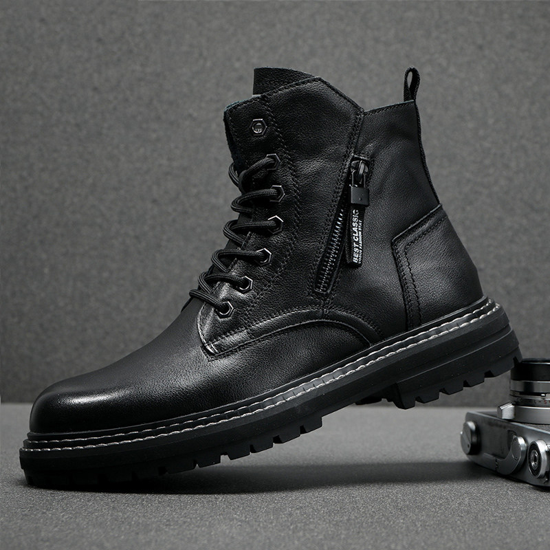 欧洲站高帮皮靴男真皮马丁靴男款冬季工装潮流保暖牛皮靴子男加绒