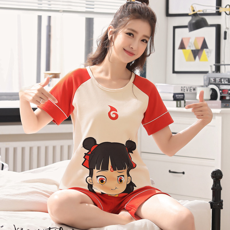 睡衣女夏季纯棉短袖薄款韩版可爱秋天少女卡通全棉家居服两件套装