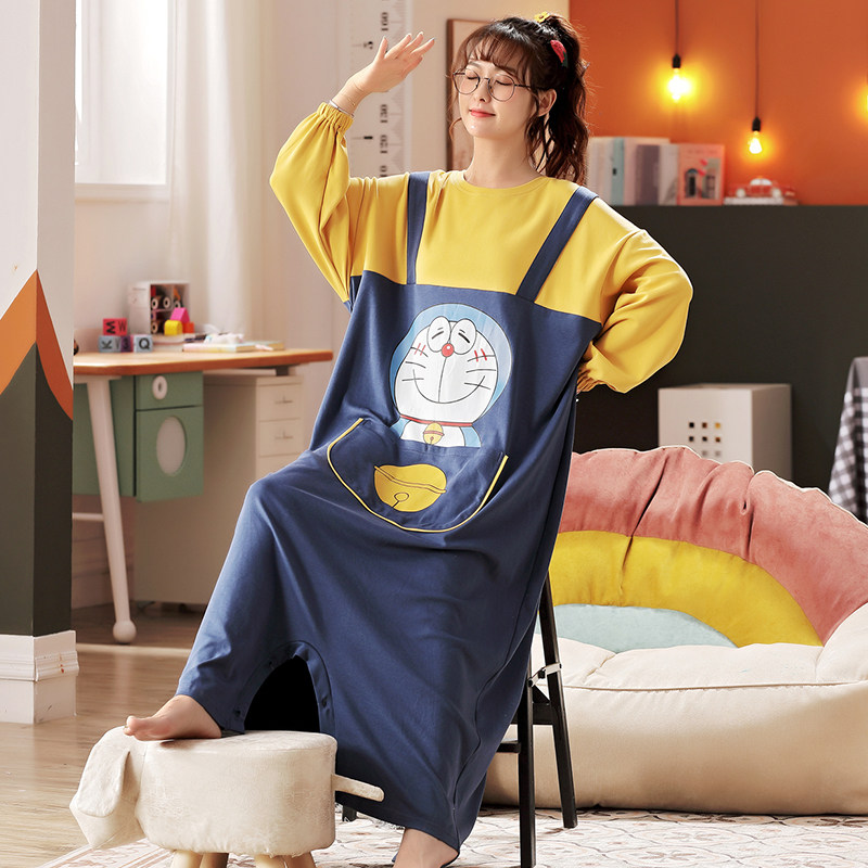 睡裙女秋冬季纯棉长袖可爱少女初中生2021新款春秋款宽松睡衣连体