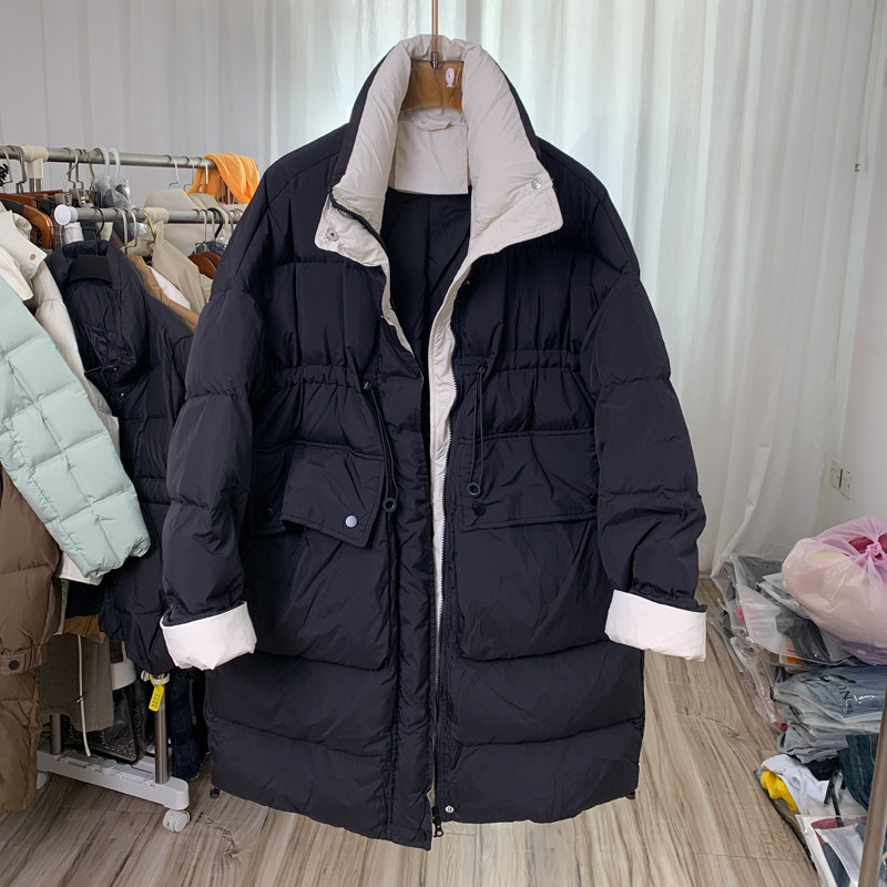 2025冬季大码新款拼色挽袖中长款羽绒服女韩版简约加厚保暖