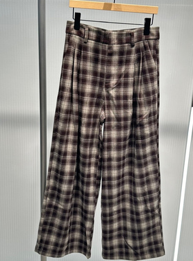 艾诺丝2025秋冬新款复古格纹宽松阔腿裤女休闲裤长裤AR304116