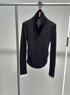 艾诺丝2025冬季新款撞色拼接半开立领针织衫女套头毛衫AR804115A