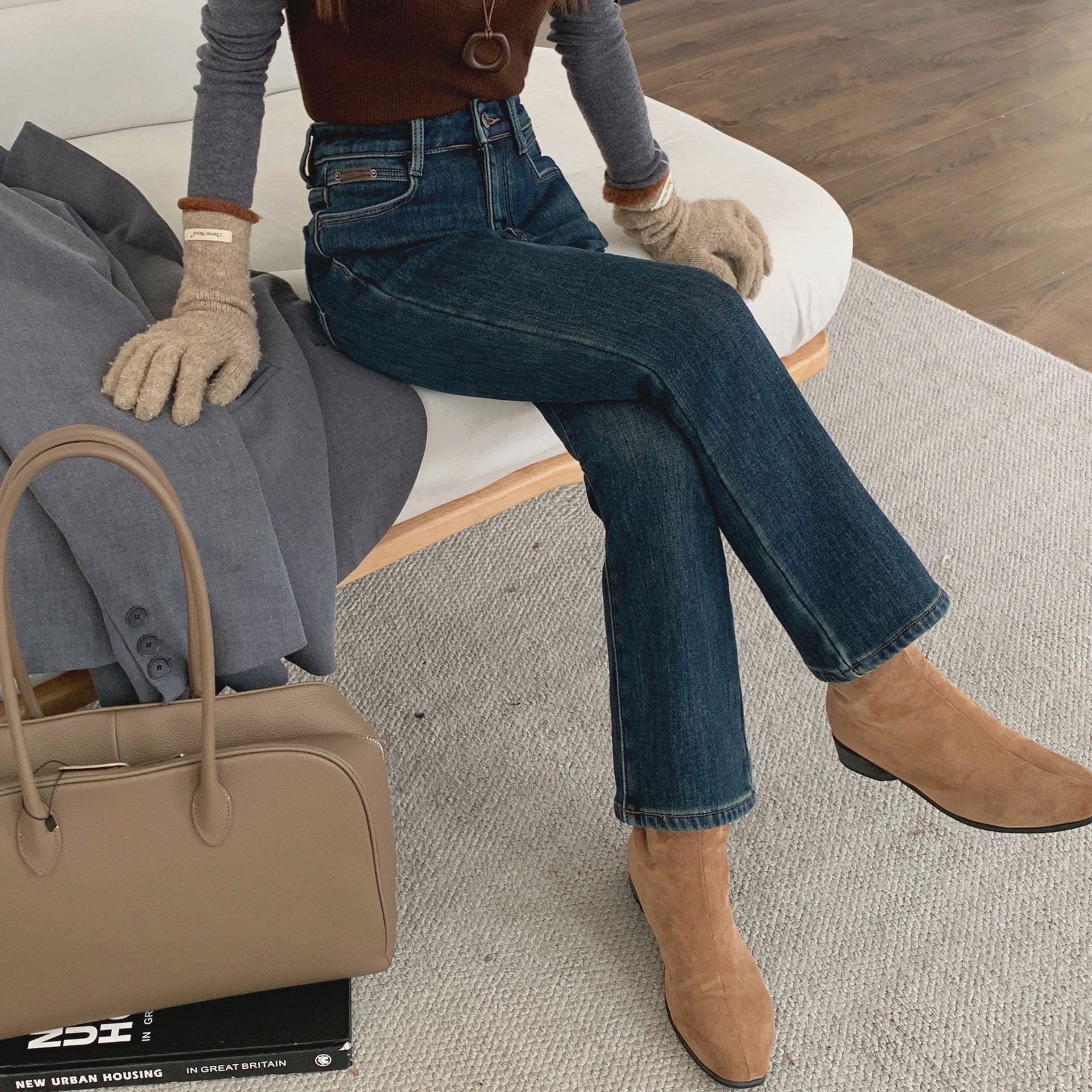 25冬【加绒】高腰绒面加厚复合高密绒显瘦蓝色烟管裤牛仔裤