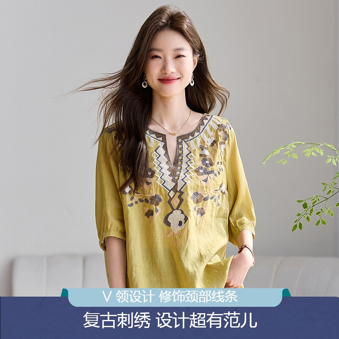 复古刺绣苎麻遮肚V领衬衫女