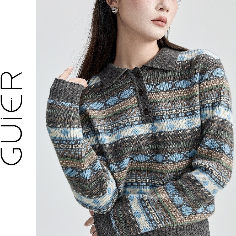 「GUIER」polo领针织衫女长袖2025新款冬复古费尔岛提花条纹上衣