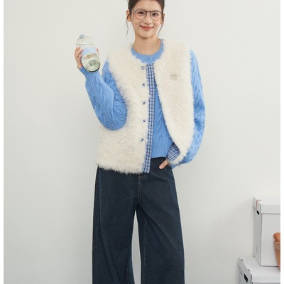 原野空间蓝格加棉羊羔马甲保暖