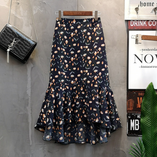 包臀裙19 2019新款 高腰不规则碎花雪纺裙鱼尾裙半身裙中长款 女夏季