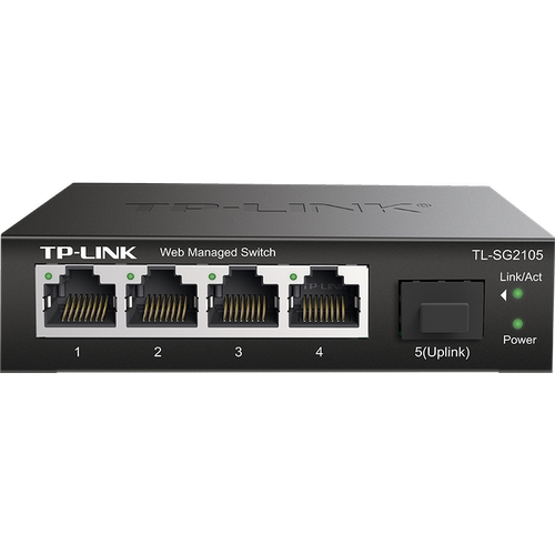 普联TP-LINK TL-SG2105 千兆5口Web网管型光纤网络交换机 4GE+1SFP 1000M桌面式SFP光口1光4电网线分线分流器