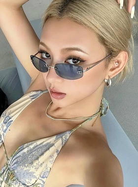 Jennie同款方形无框蓝色眼镜y2k时尚高级感中古墨镜潮酷太阳镜女