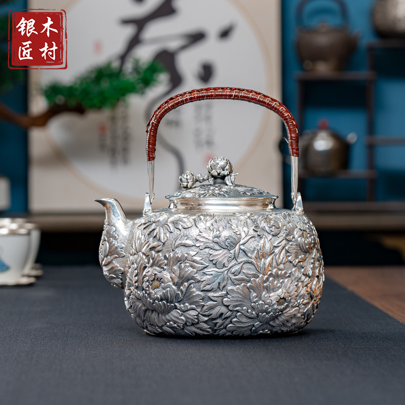 真功银壶 纯银999烧水壶一张打银壶  纯手工高浮雕牡丹足银煮水壶