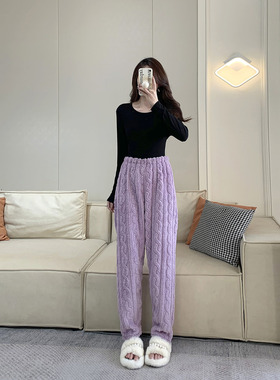 冬天瘦高个子女生175睡裤法兰绒紫色加绒加厚加长家居裤子有大码