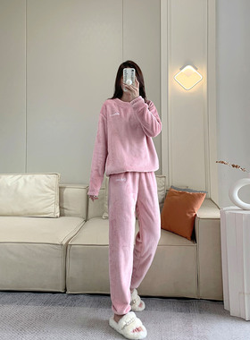 冬天瘦高个子女生睡衣175cm加绒加厚保暖家居服套装粉色加长版5XL