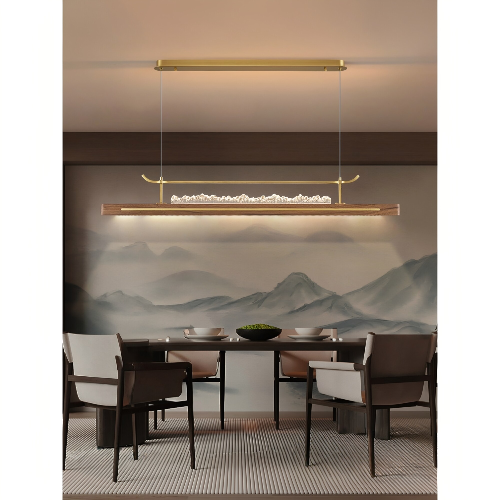 新中式吊灯全铜实木餐厅灯高级感茶室吊灯长禅意餐桌书房吧台灯具