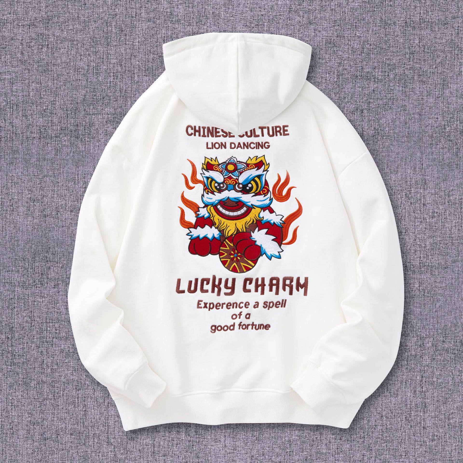 醒狮刺绣卫衣男女情侣装国潮时尚连帽大码男装套头休闲创意外套