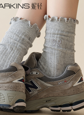 灰色蝴蝶结袜子女秋冬中筒袜纯棉袜2025新款爆款miu系花边堆堆袜