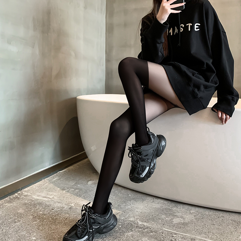黑丝袜女春秋f薄款JK拼接黑色丝袜小腿裤袜假大腿黑丝假过膝连裤