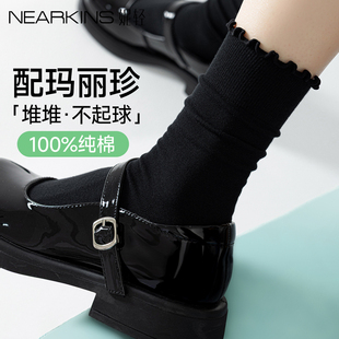 全棉中筒堆堆长袜 薄款 100%纯棉黑色花边袜子女配玛丽珍小皮鞋 夏季