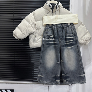 新款 保暖一体绒长裤 美式 儿童冬装 子 爪痕加厚加绒牛仔裤 男童冬季