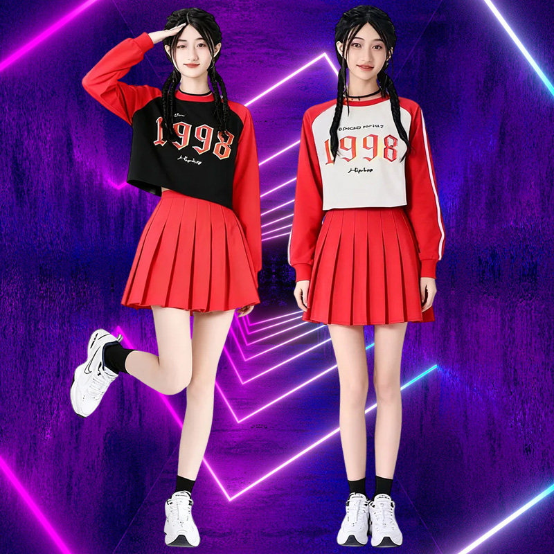 韩版女团风1998字母卫衣百褶裙套装现代爵士舞蹈演出服啦啦操服装