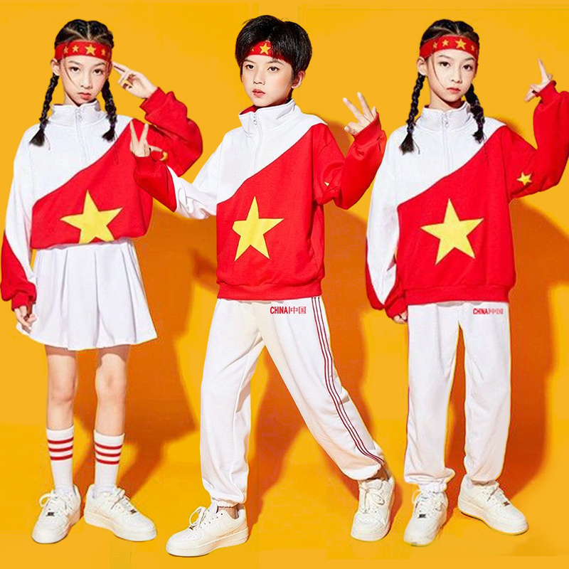 儿童啦啦队演出服中国红五星红旗运动会开幕式爵士舞表演服装套装