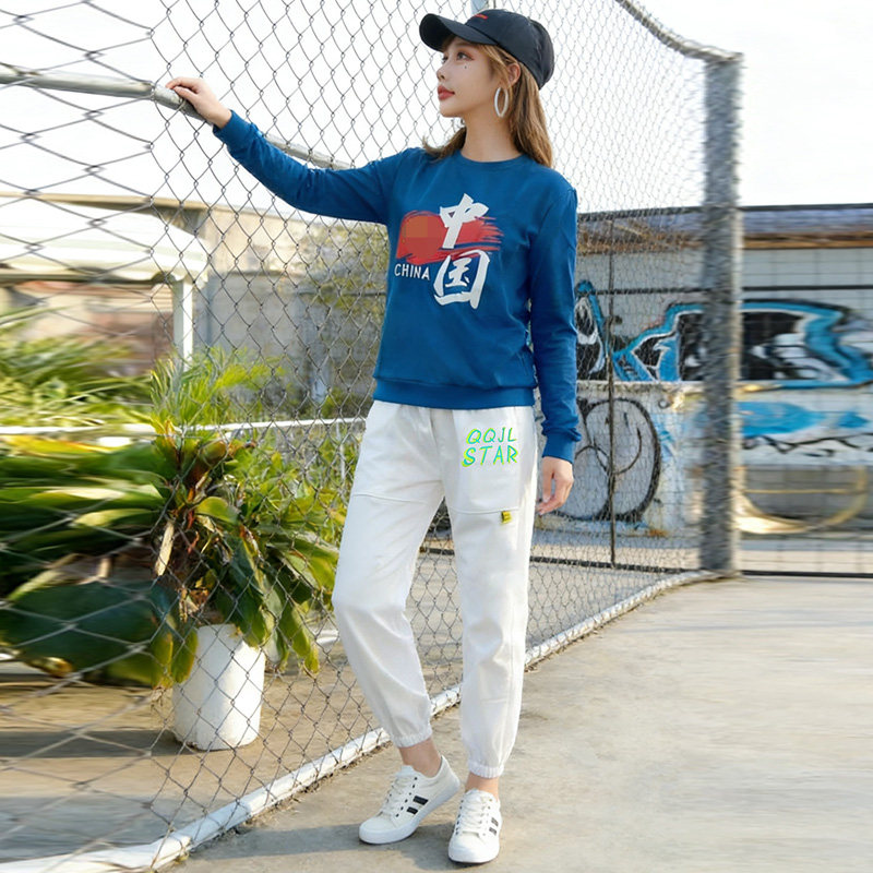 新款嘻哈风运动套装女蓝色上衣白色裤子广场舞爵士演出服时尚新款