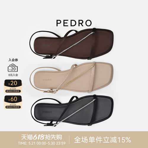 PEDRO羊皮方头凉鞋26夏季女鞋金属链条一字带凉鞋PW1-65490211