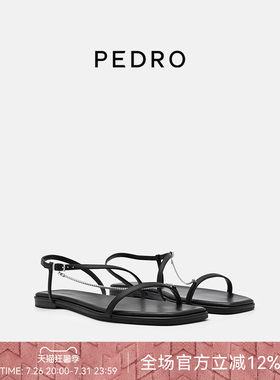 PEDRO羊皮方头凉鞋26夏季女鞋金属链条一字带凉鞋PW1-65490211
