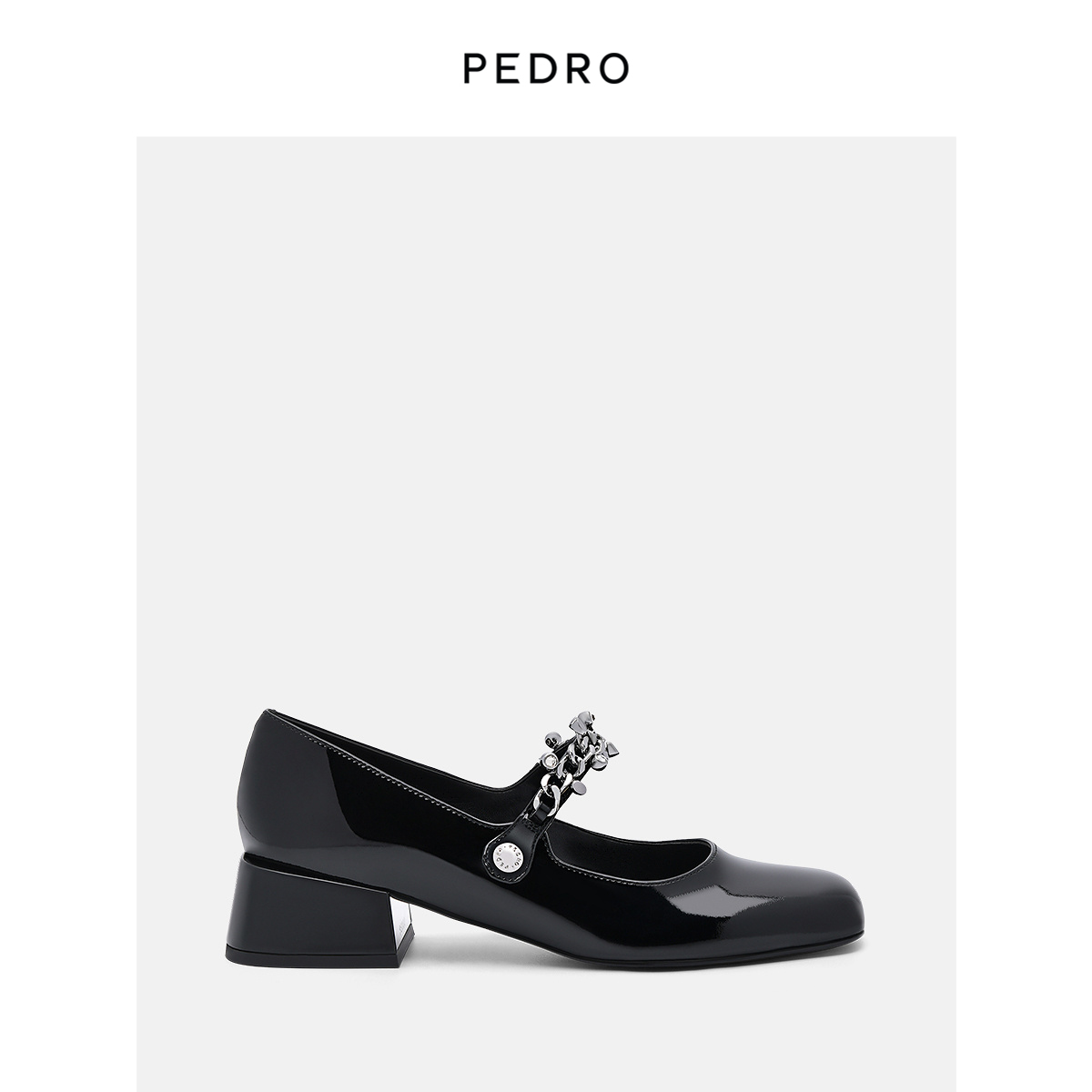 PEDRO亮钻玛丽珍鞋牛皮女鞋一字链条方头单鞋PW1-26680051