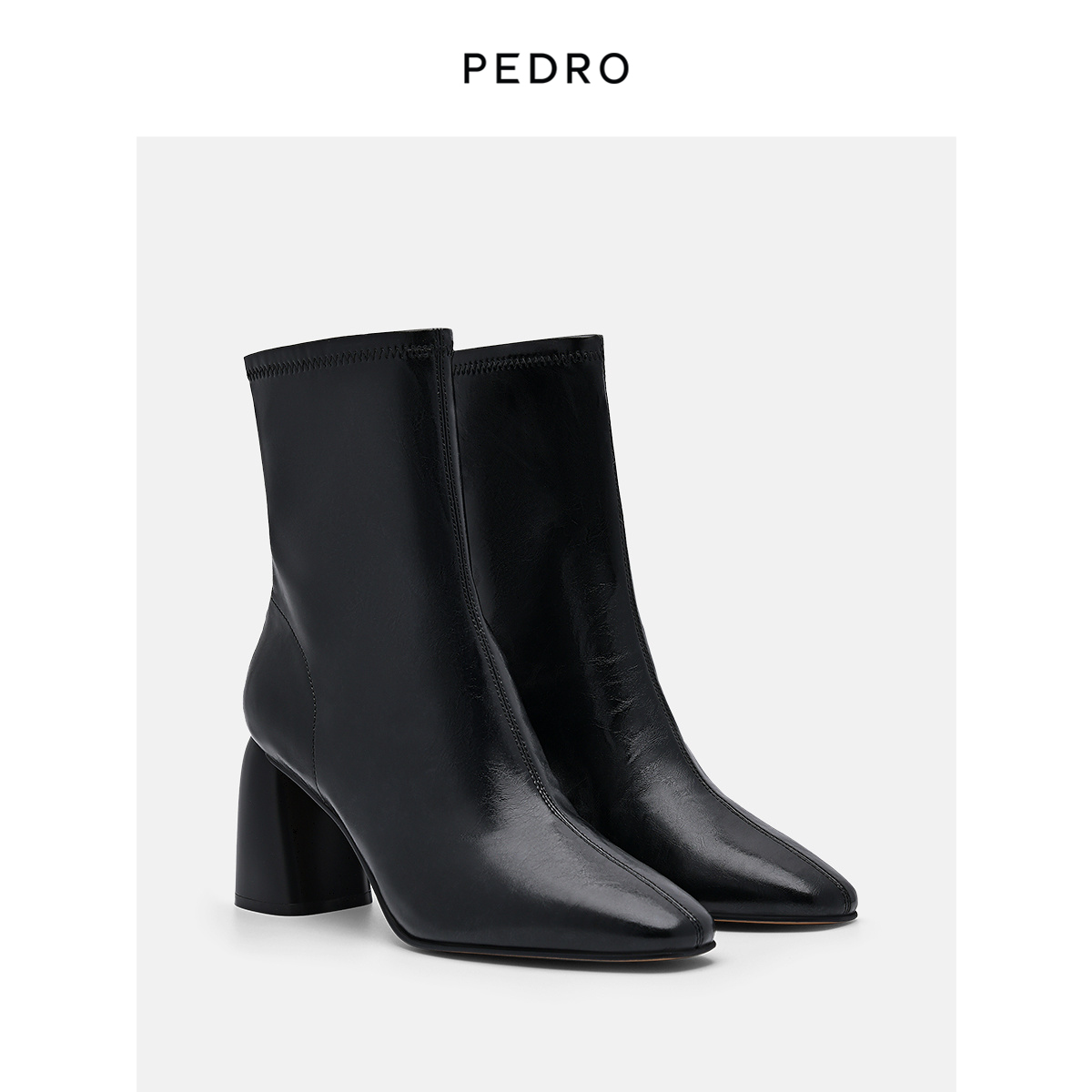 PEDRO短靴新款女鞋小方头粗跟拉链弹力瘦瘦靴PW1-16760014