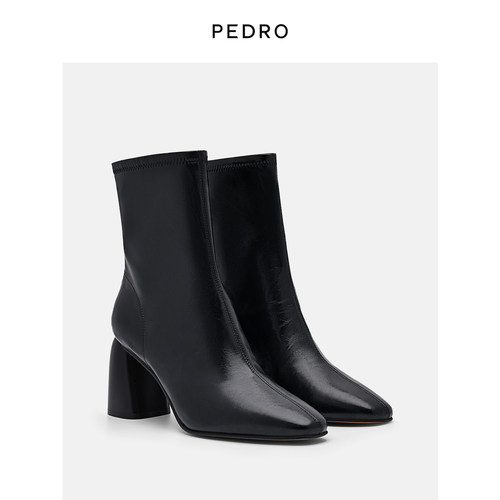 PEDRO短靴新款女鞋小方头粗跟拉链弹力瘦瘦靴PW1-16760014