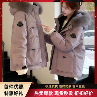 巨好看的冰晶紫工装羽绒棉服女2025冬季新款小个子棉袄派克服外套