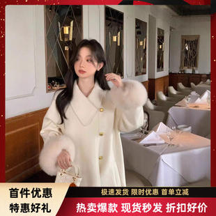 北欧白色加厚情书2025新款感羊毛呢子外套连帽毛双面呢羊绒大衣女