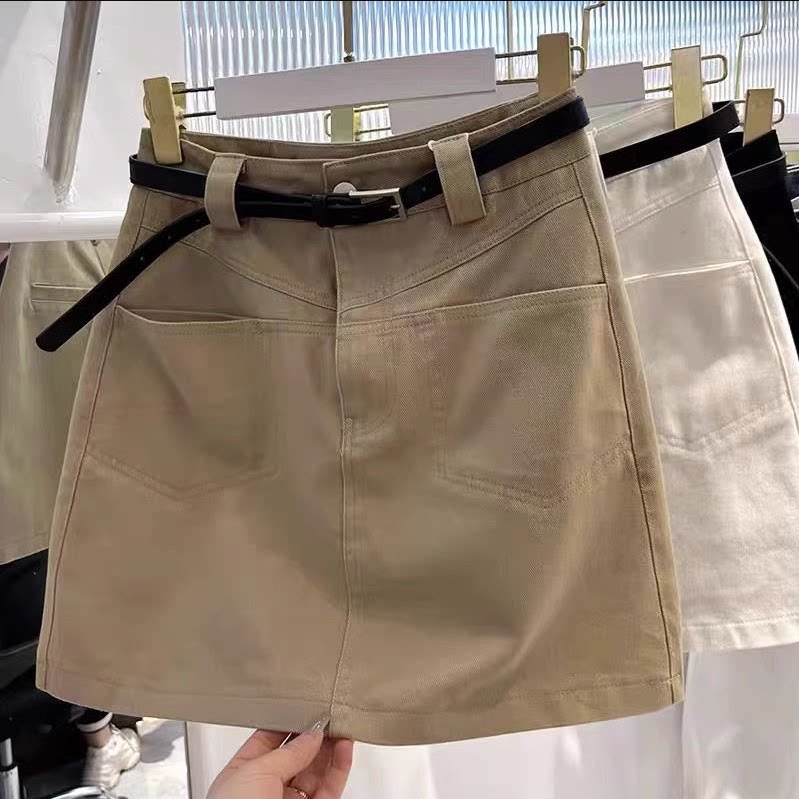 大码胖卡其色鱼尾牛仔半身裙女夏季防走光高腰弹力a字包臀短裙