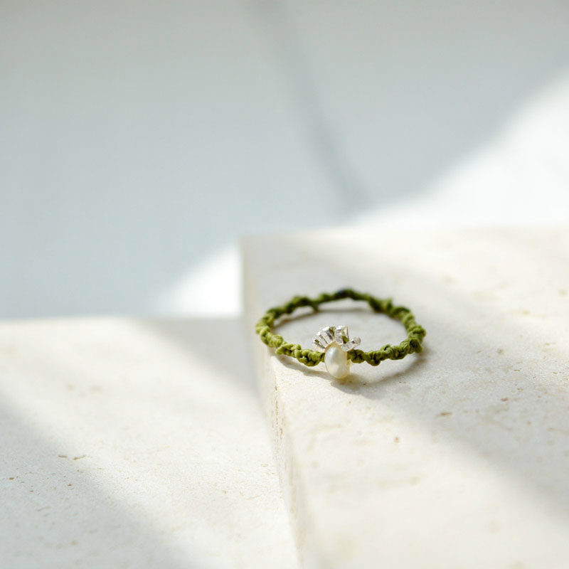 花枝 原创橄榄绿色纯手工编织戒指 韩版日系指环女珍珠碎银戒小众