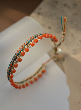 原创手工钩编 天然石南红手链 花瓣珍珠 双面可戴 北柠纪孤品