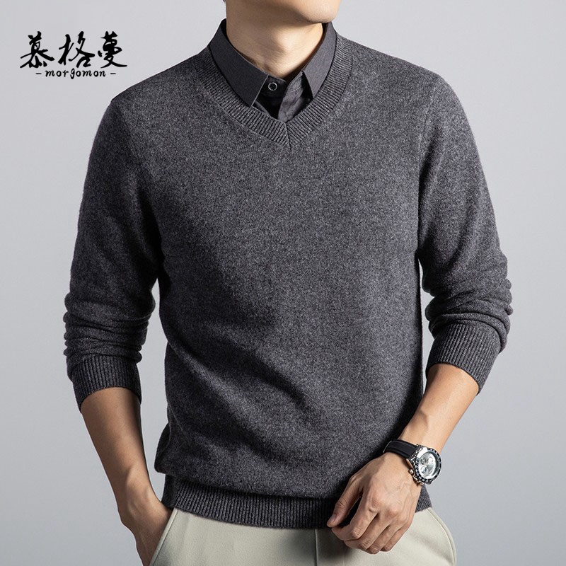 100%纯羊毛针织衫男士中年商务